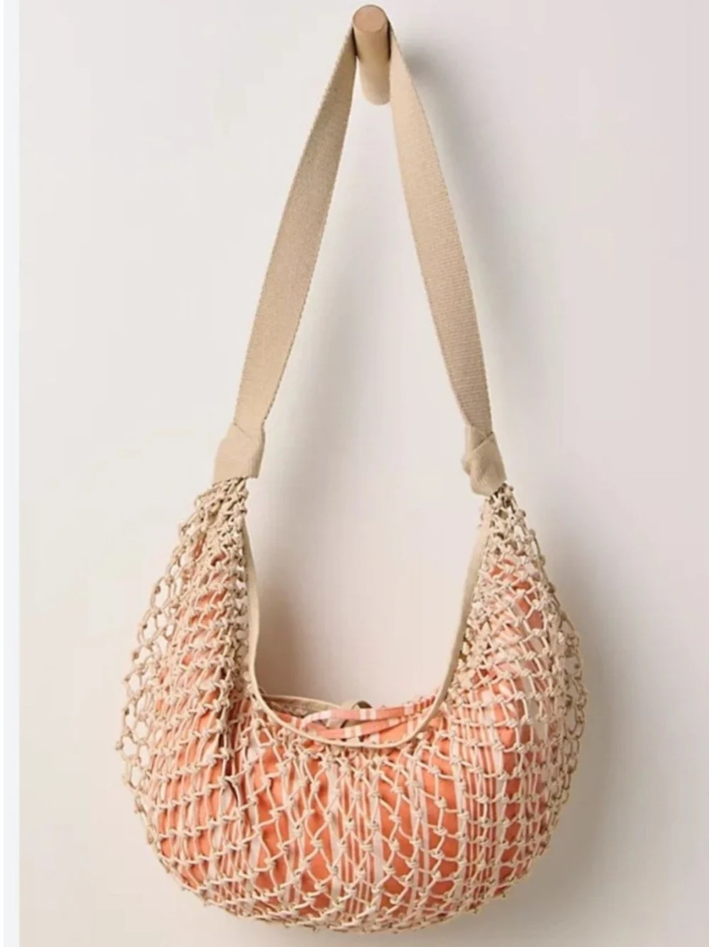 Free People Cream Net Knotted Hobo Shoulder Bag Drawstring Striped Orange Lining